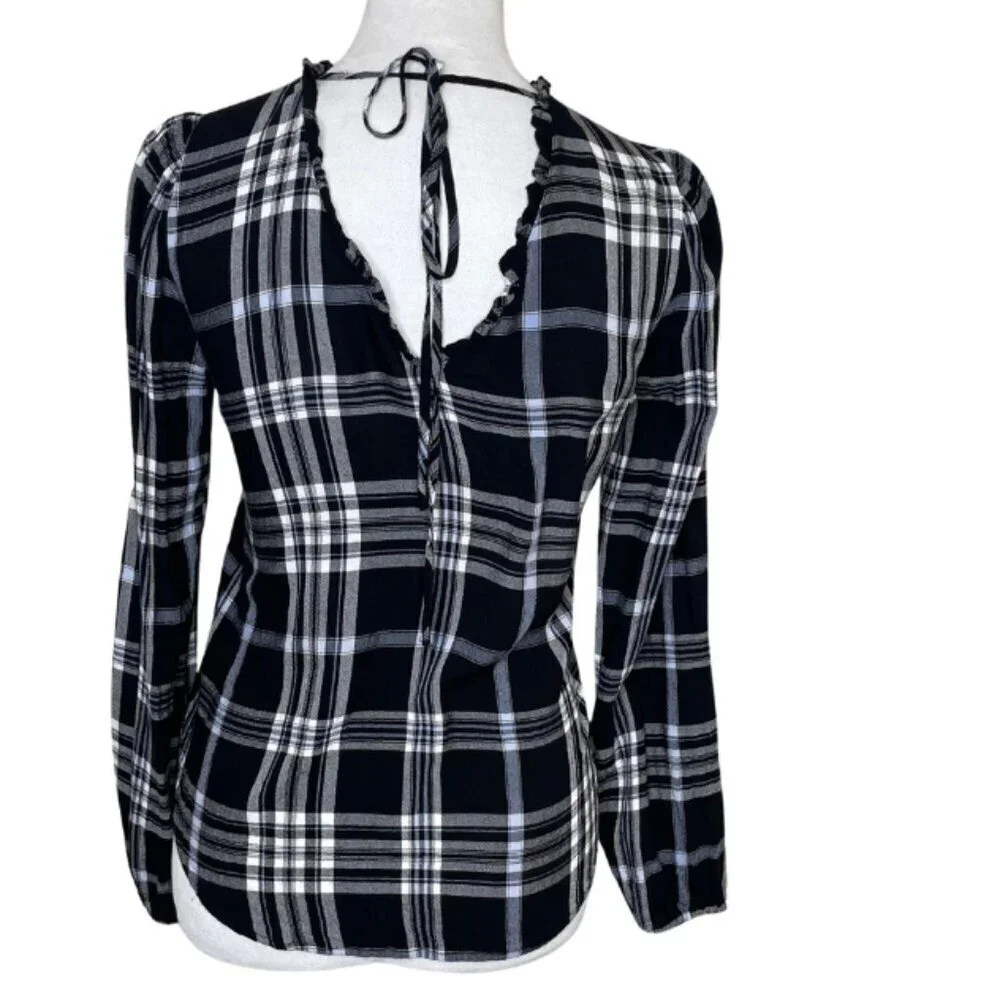 LOFT Dark Academia Plaid Ruffle Neck Tie Back Blouse XS